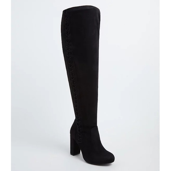 NWOT Torrid BLACK FAUX SUEDE STRETCH CORSET OVER-THE-KNEE BOOT Extra Wide Fit 11 - Picture 1 of 15